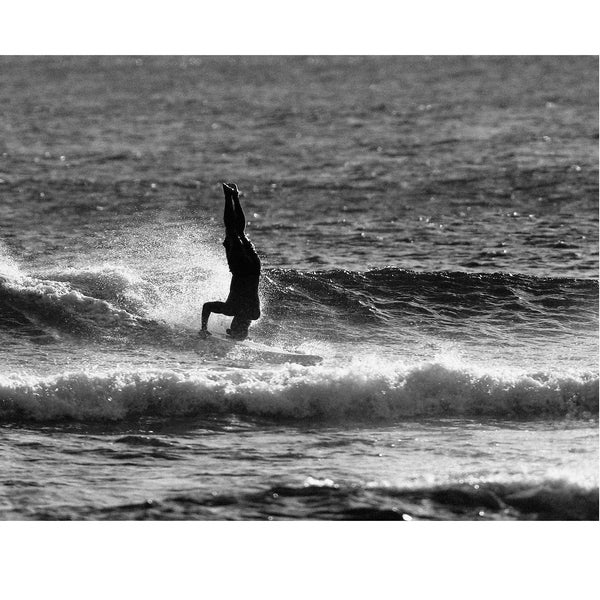 Black & White Vintage Surf Photo |   Digital Download Printable Photograph | Longboard Surfer Does a Head Stand