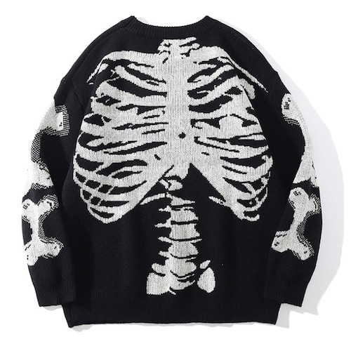 Men Oversized Sweater Black White Loose Skeleton Bone Print - Etsy