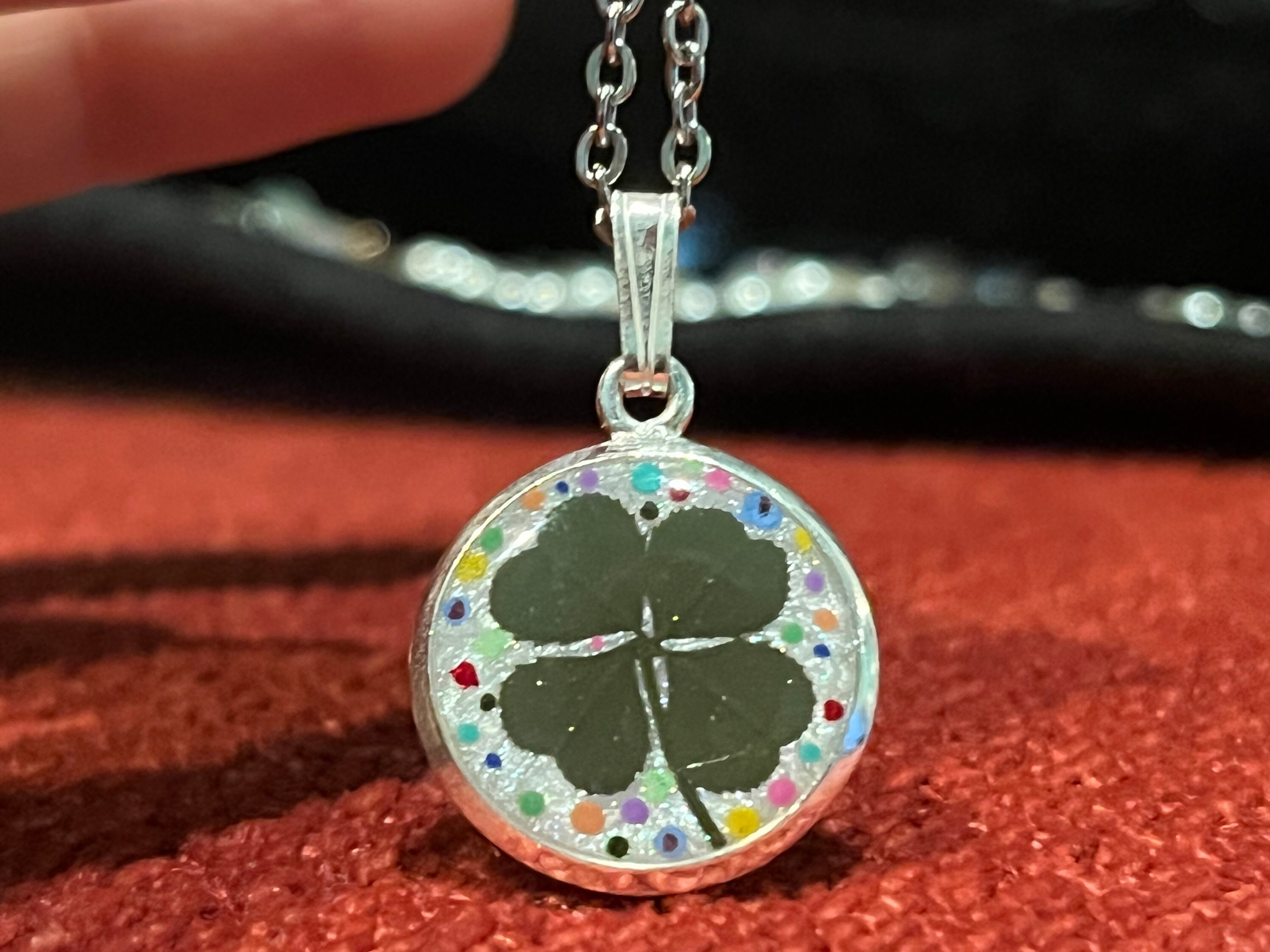 Double Sided Black and White Quatrefoil Lucky Four Clover Pendant