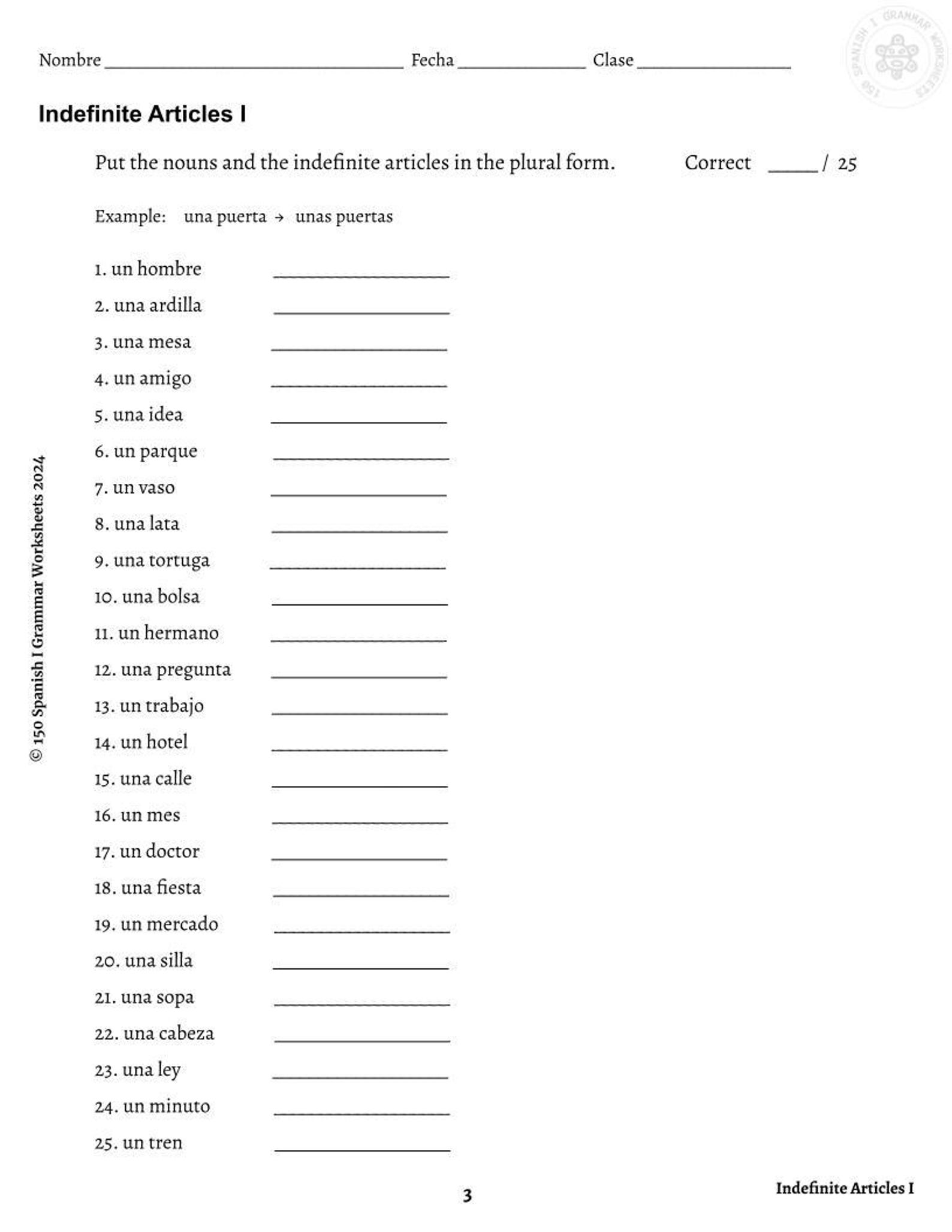 Spanish Definite and Indefinite Articles Practice Worksheet Bundle (4 Pages) Etsy