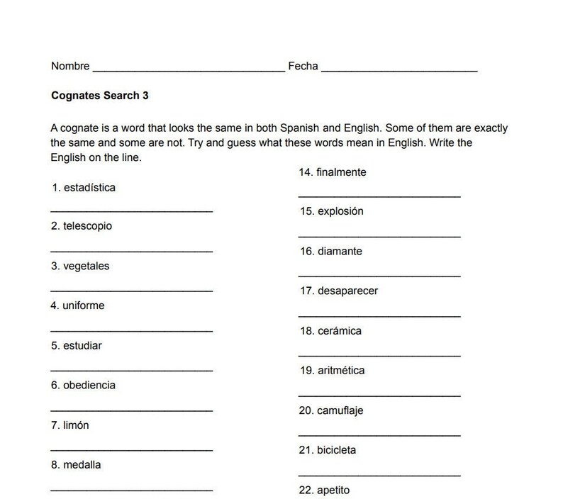 Spanish Cognates Worksheet 3 - Etsy