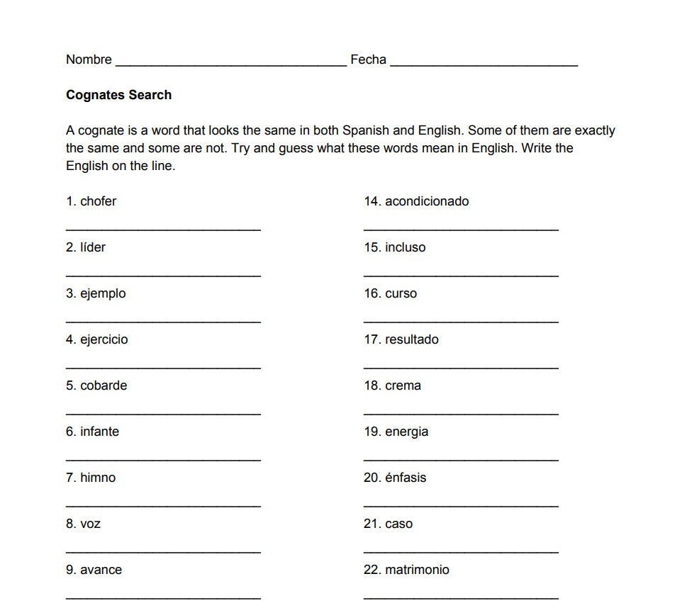 Spanish English Cognates Worksheet Pdf