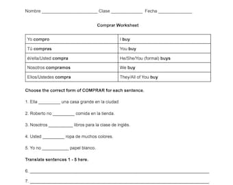 May include: A Spanish language worksheet with a table showing the conjugation of the verb "comprar" (to buy) in the present tense. The worksheet includes practice sentences for students to fill in the correct form of the verb.