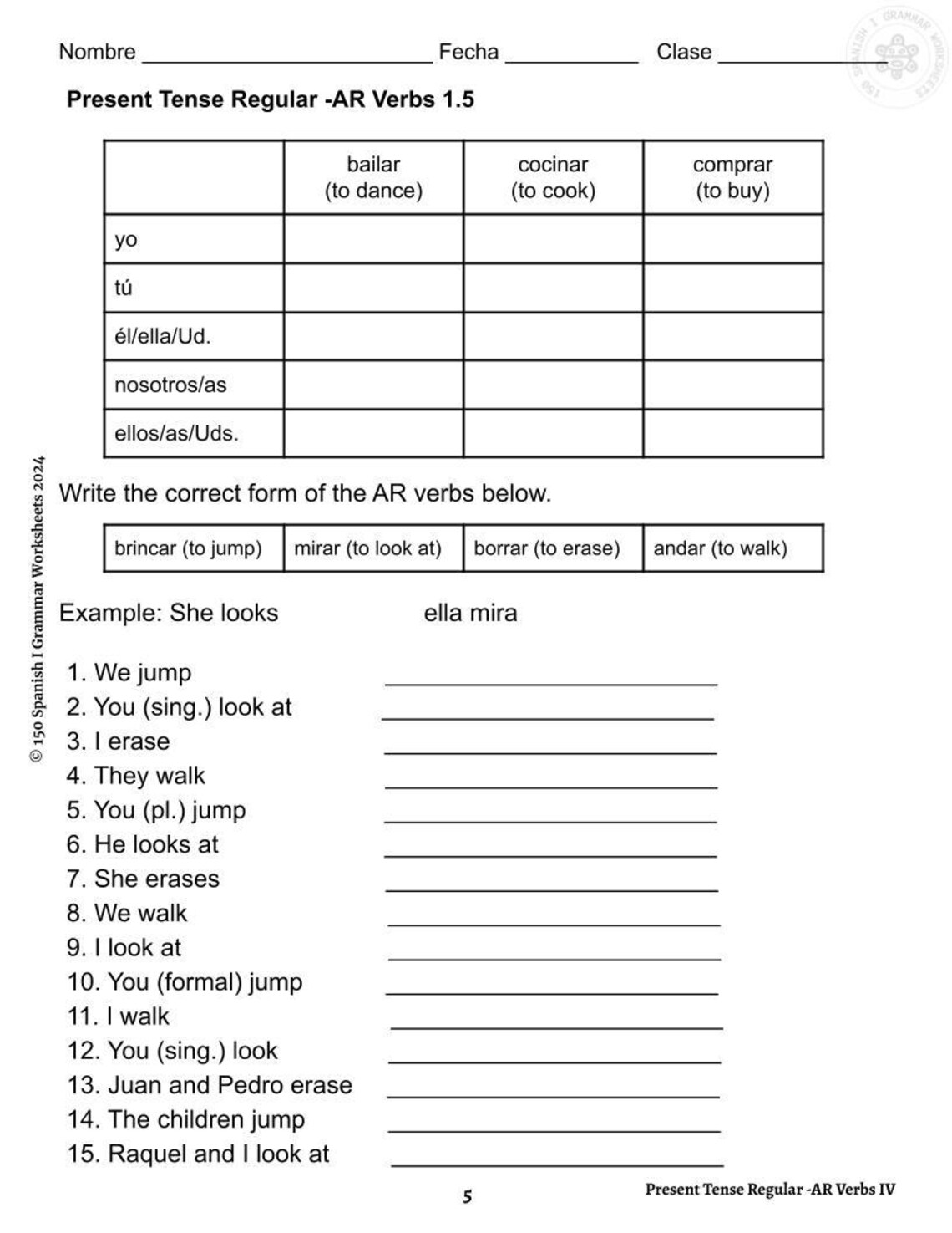 Spanish -AR Present Tense Bundle With Answers (14pages) - Etsy