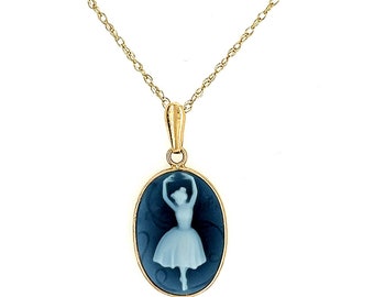 14K Gelb Gold "Ballerina" Blauer Achat Cameo Anhänger mit 18" Halskette