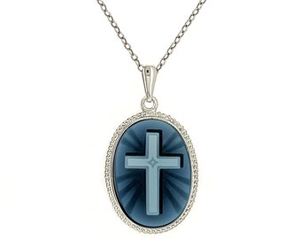 Sterling Silver Blue Agate Cross Cameo Pendant Necklace