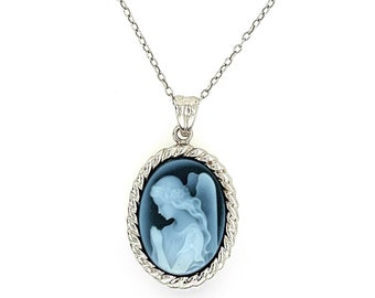Sterling Silver &#39;Wings of Love&#39; Blue Agate Cameo Pendant With Rope Texture Frame and FREE Necklace - Unique Gift, Gift for Her, Spiritual