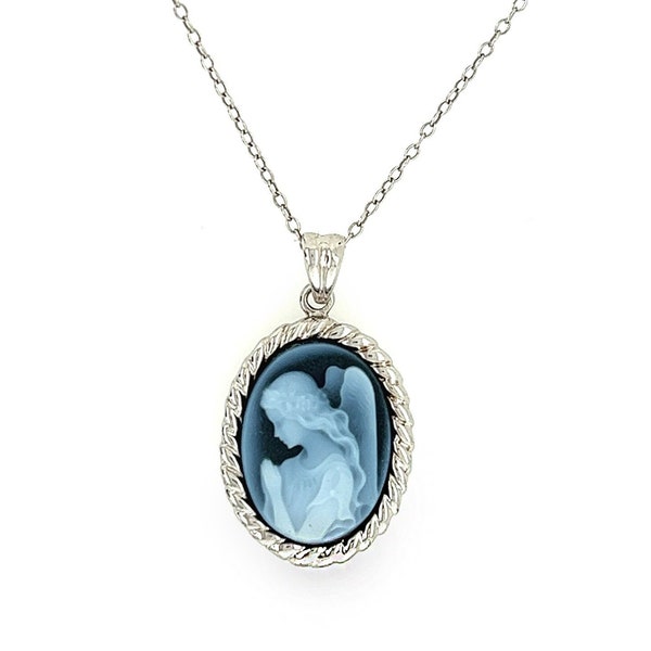 Sterling Silver 'Wings of Love' Blue Agate Cameo Pendant With Rope Texture Frame and FREE Necklace - Unique Gift, Gift for Her, Spiritual