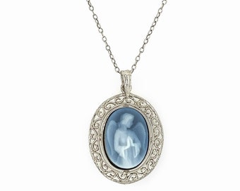 Pendentif camée ange agate bleue en argent sterling avec filigrane, chaîne de 46 cm