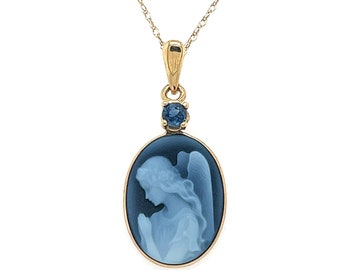 Blue Sapphire &#39;Wings of Love&#39; 10K Gold Blue Agate Cameo Pendant Black Diamonds Open Heart Pendant -Gift for Her, Spiritual Gift