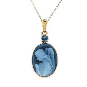 Blue Sapphire 'Wings of Love' 10K Gold Blue Agate Cameo Pendant with FREE Necklace Unique Gift, Gift for Her, Spiritual Gift image 1