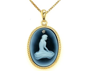 Diamond Accent 'Virgo Zodiac' 18K Gold-Plated Blue Agate Cameo Pendant with FREE Necklace- Unique Gift, Birthday Gift, Vintage Cameo Jewelry