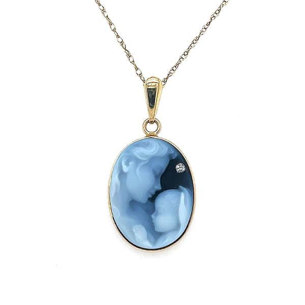 Diamond Accent 'Heaven’s Gift' 10K Gold Blue Agate Cameo Pendant with FREE Necklace- Mother's Day, Gift for Her, Newborn Gift, Cameo Jewelry