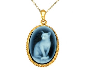 14K Yellow Gold Plated Sterling Silver "Cat" Blue Agate Cameo Pendant with 18" Gold Plated Box Chain Necklace