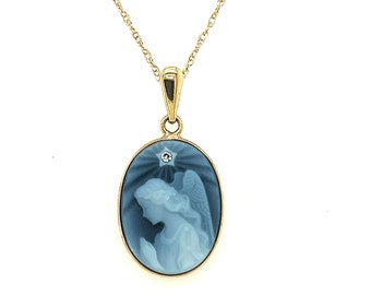 14K Gold 'Wings of Love' Diamond Accent Blue Agate Cameo Pendant with FREE 14K Gold-Plated Chain - Unique Gift, Gift for Her, Spiritual Gift