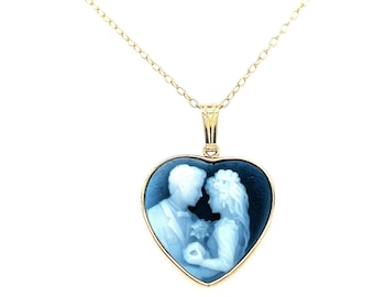 14K Gold "Bride & Groom" Blue Agate Cameo Heart Pendant with FREE Gold-Plated Necklace, Unique Gift, Cameo Pendant Necklace, Gift for Her