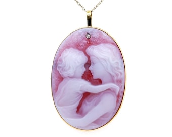 Large 14K Gold Diamond Accent "Mother and Child" Red Agate Cameo Pendant and Brooch With FREE Gold Plated Silver Box Chain