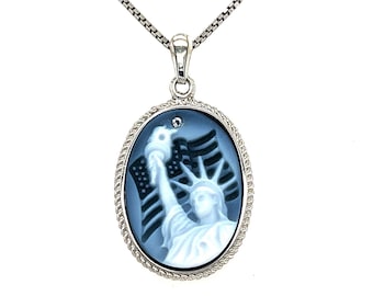 Sterling Silver OR 14K Gold Plated &quot;Lady Liberty&quot; Blue Agate Cameo Pendant with Diamond Accent and 18&quot; Necklace