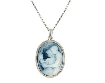 Sterling Silver "Loving Family" Blue Agate Cameo with FREE Necklace, Unique Gift, Gift for Her, Newborn Gifts, Cameo Jewelry, Vintage