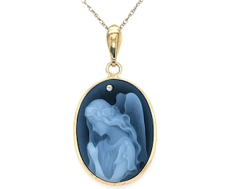 14K Gold & Diamond 'Wings of Love' Blue Agate Cameo Pendant with FREE 14K Gold Necklace - Unique Gift, Gift for Her, Spiritual Gifts