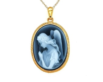 18K Gold-Plated &#39;Wings of Love&#39; Blue Agate Cameo Pendant With FREE Gold-Plated Necklace Sterling Silver, Unique Gift, Spiritual Gifts