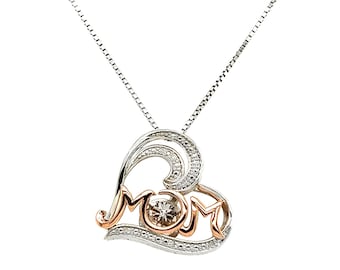 10KT Yellow Gold And Silver &quot;MOM&quot; Drop Shape Necklace With Sparkling Created Amethyst And Diamond Accent