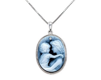 Diamant Akzent 'Mutter und Kind' Blau Achat Cameo Anhänger mit GRATIS Halskette - Sterling Silber, Einzigartiges Geschenk, Muttertagsgeschenk