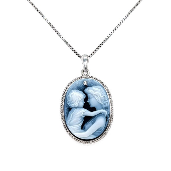 Diamant Akzent 'Mutter und Kind' Blau Achat Cameo Anhänger mit GRATIS Halskette - Sterling Silber, Einzigartiges Geschenk, Muttertagsgeschenk