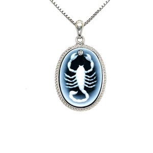 Diamond Accent &#39;Scorpio Zodiac&#39; Sterling Silver OR Gold Plated Blue Agate Cameo Pendant with FREE Necklace - Unique Gift, Birthday Gift