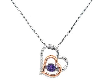 Two-Tone 10K Gold Heart Pendant – Amethyst, White Sapphire, Sterling Silver Chain
