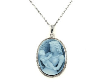 Sterling Silver 'Mother Holding Baby' Blue Agate Cameo with FREE Necklace - Mother's Day, Gift for Her, Newborn Gifts, Vintage Cameo Jewelry