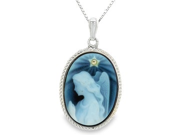 Pendentif camée ange gardien en agate bleue - accent diamants, collier en argent sterling