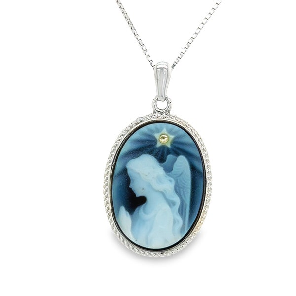 Blue Agate Guardian Angel Cameo Pendant – Diamond Accent, Sterling Silver Necklace