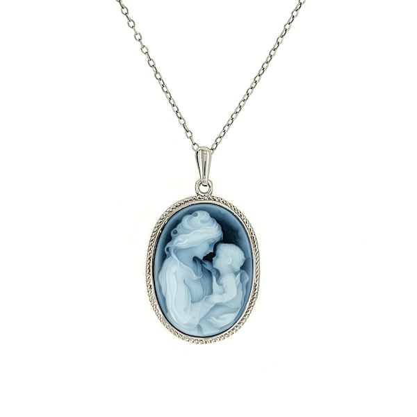 Sterling Silver 'Mother Holding Child' Blue Agate Cameo Pendant with FREE Necklace - Unique Gift, Mothers Day Gift