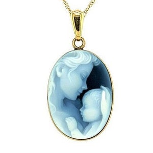14K Gold 'Heavens Gift' Blue Agate Cameo Pendant with FREE Gold-Plated Necklace Unique Gift, Cameo Jewelry, Gift for Her, Mother's Day image 4