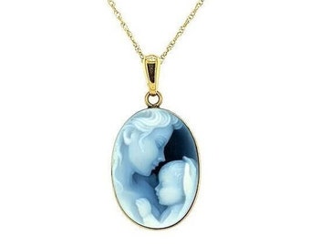 14K Gold 'Heaven’s Gift' Blauer Achat Cameo Anhänger mit KOSTENLOSER vergoldeter Halskette, Einzigartiges Geschenk, Cameo Schmuck, Geschenk für Sie, Muttertag