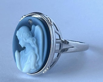 Sterling Silber &#39;Schutzengel&#39; Diamant Akzent Blau Achat Cameo Ring - Einzigartiges Geschenk, Geschenk für Sie, spirituelles Geschenk