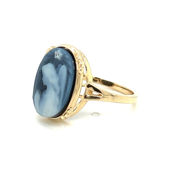 14K Gold 'Praying Angel' Diamond Accent Blue Agate Cameo Ring - Unique Gift, Gift for Her, Spiritual Gift