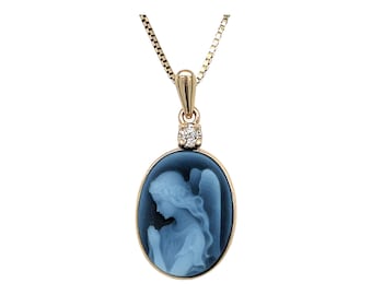 10K Gold & Diamond 'Guardian Angel' Blue Agate Cameo Pendant with FREE Gold-Plated Necklace - Unique Gift, Spiritual Gifts, Gift for Her