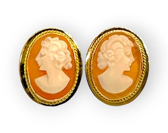 14K Gold Victorian Cameo Stud Earrings, Made in Italy