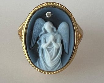 Sterling Silver Blue Agate Angel Cameo Ring – Diamond Accent