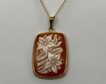 Unique Rectangle 14K Gold Cameo "Floral" Pendant