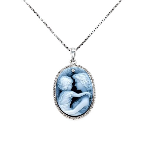 Blue Agate Cameo Pendant – Diamond Sterling Silver 