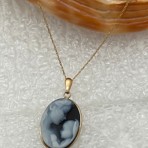 14K Gold 'Heavens Gift' Blue Agate Cameo Pendant with FREE Gold-Plated Necklace Unique Gift, Cameo Jewelry, Gift for Her, Mother's Day image 3