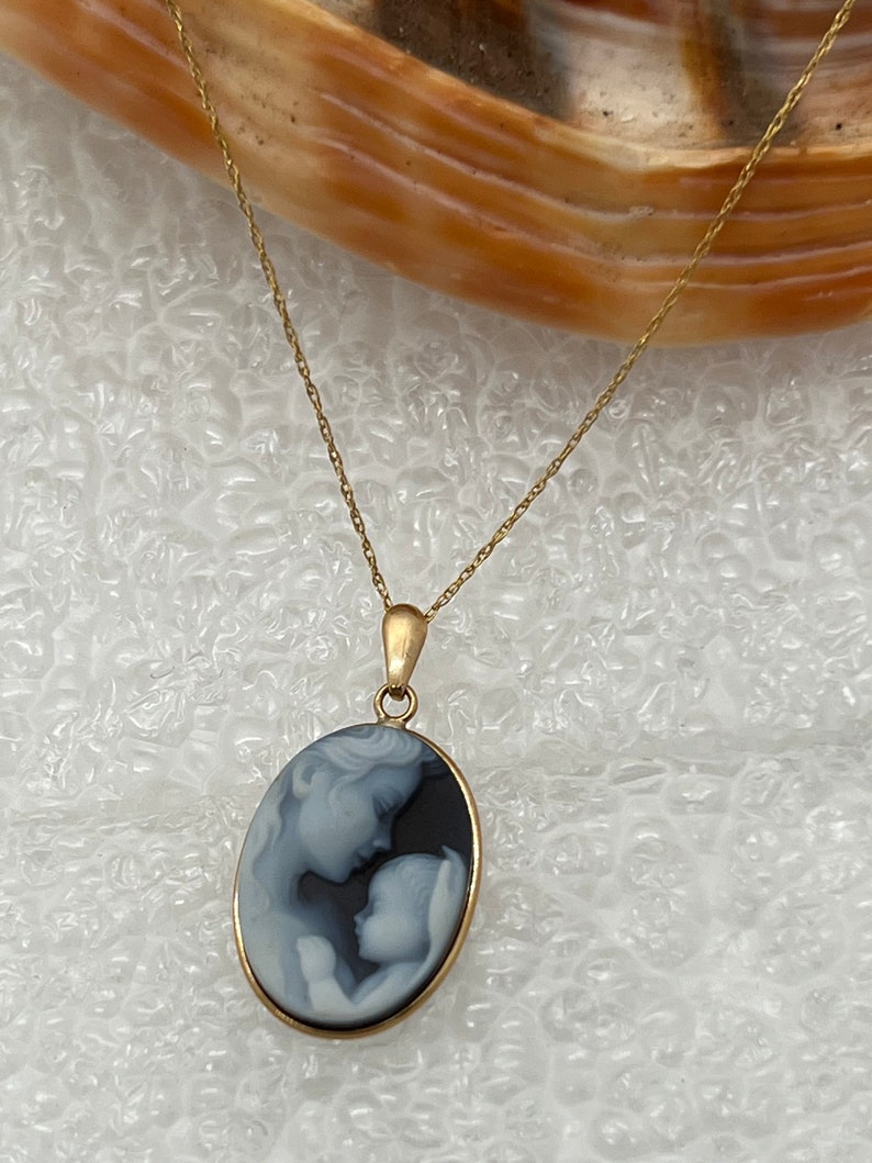 14K Gold 'Heavens Gift' Blue Agate Cameo Pendant with FREE Gold-Plated Necklace Unique Gift, Cameo Jewelry, Gift for Her, Mother's Day image 3