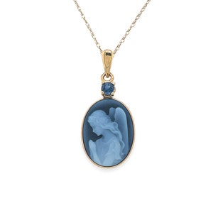 Blue Sapphire 'Wings of Love' 10K Gold Blue Agate Cameo Pendant with FREE Necklace Unique Gift, Gift for Her, Spiritual Gift image 2