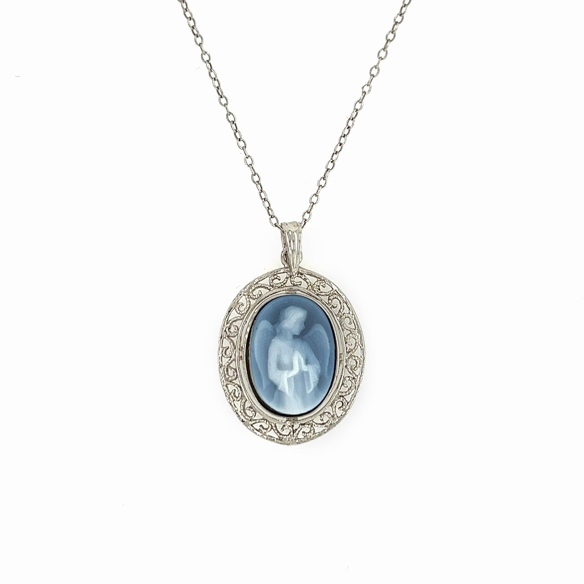 925 Sterling Silber ""Engel" Blauer Achat Cameo Anhänger mit filigranem Detail und Sterling Silber 18 "Kette."