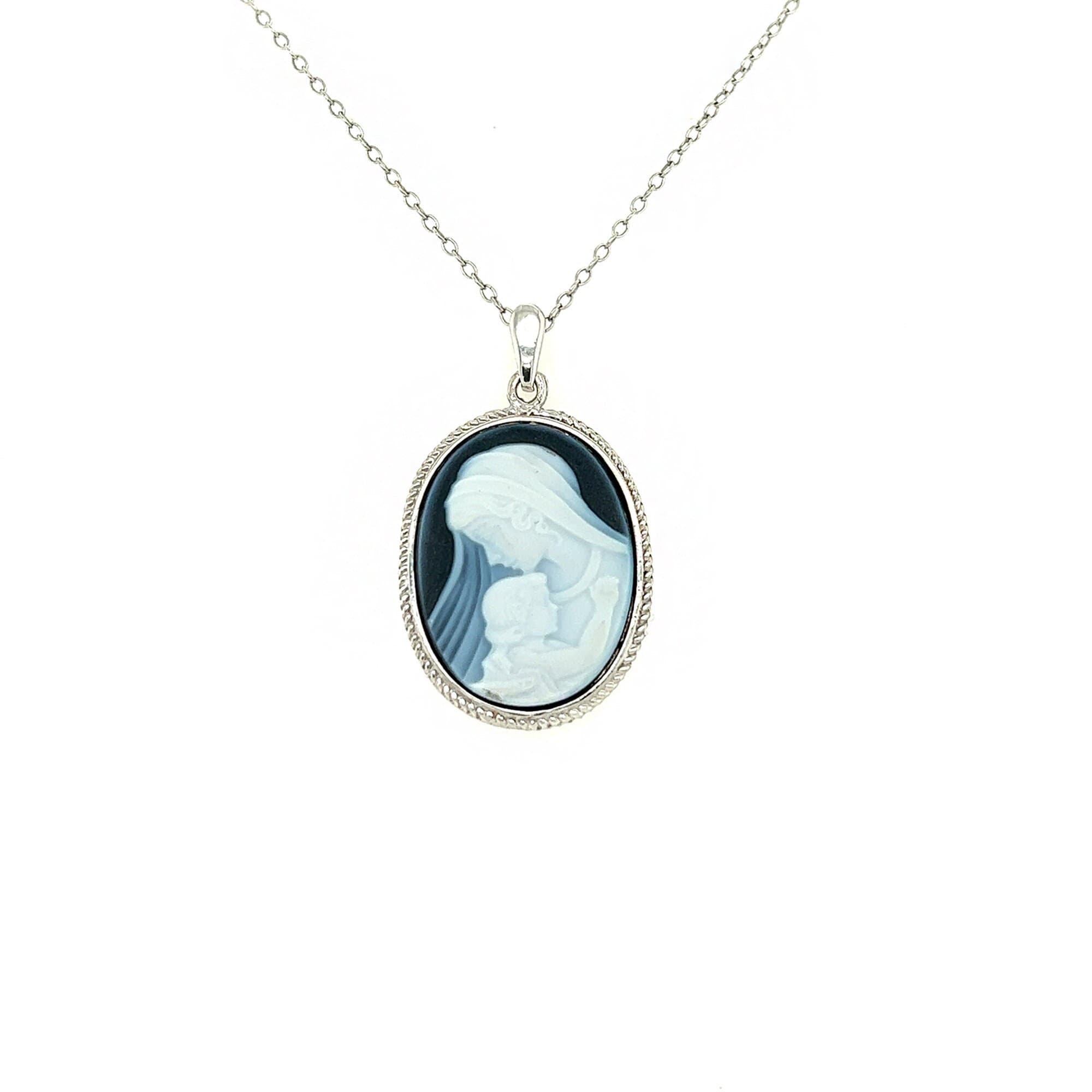 Sterling Silver 'Mother Mary Holding Baby' Blue Agate Cameo With FREE Necklace - Unique Gift, Cameo Jewelry, Gift for Her, Newborn Gift