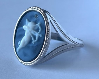 Sterling Silber Amor Blau Achat Cameo Ring - Vintage Stil