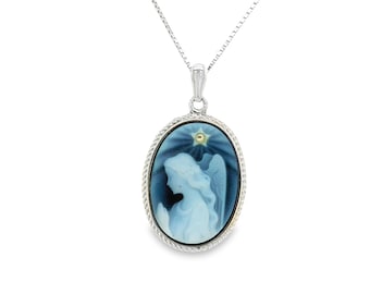 Diamond Accent 'Wings of Love' Blue Agate Cameo Pendant **with Inscription** and FREE Necklace - Sterling Silver, Unique Gift, Gift for Her